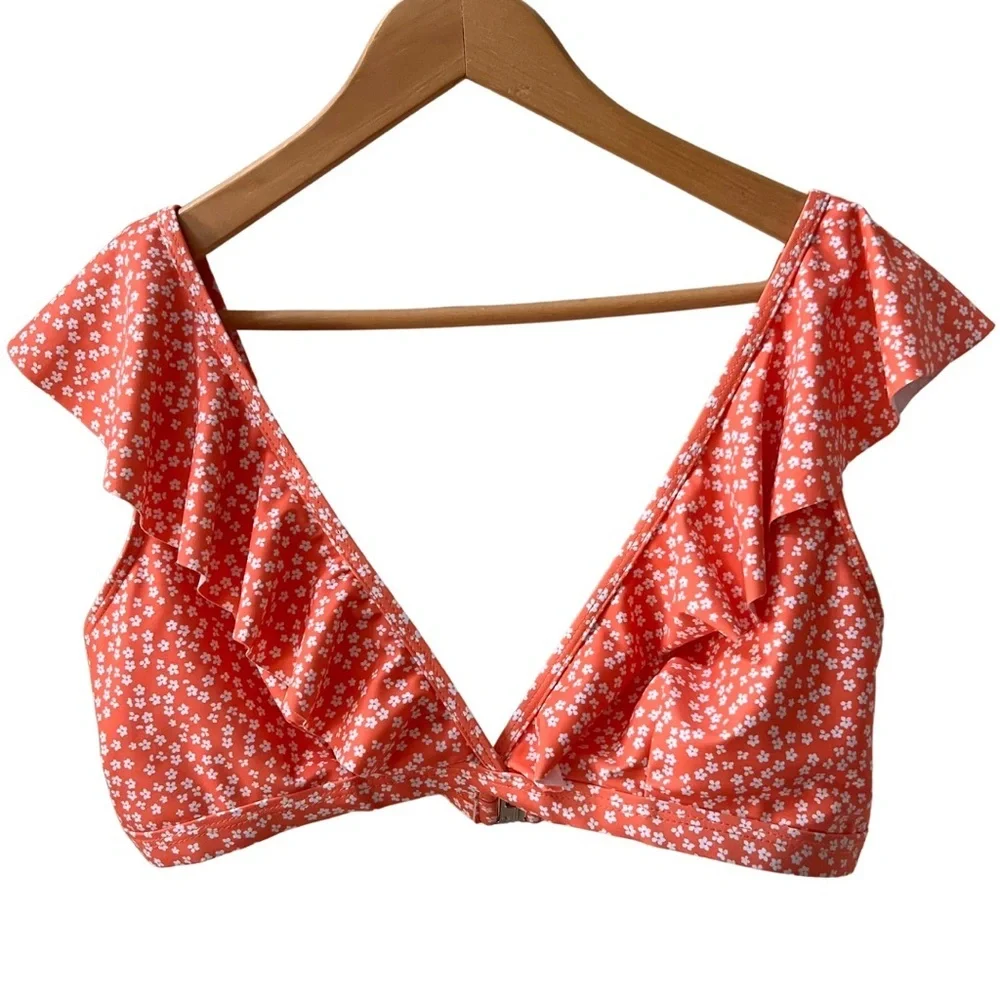 Ruffle sleeve top orange floral bikini set, Large